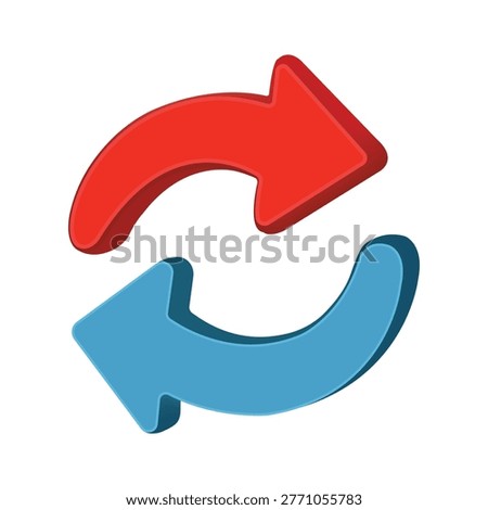 3D style refresh arrows forming a circular loop with red and blue colors. Represents reload, sync, update, and data exchange concepts. Clean minimal design, glossy look, isolated on background, suitable for UI, apps, and web interfaces.
