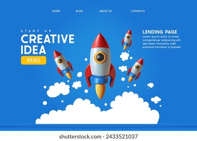 3D-Stil der Rakete fliegen im Raum, Start-up Konzept, Design-Banner-Vorlage, flache Stil Vektor-Illustration. Landing-Page-Vorlage