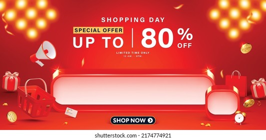 3D style Shopping day Sale banner template design for web or social media.