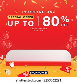 3D style Shopping day Sale banner template design for web or social media.