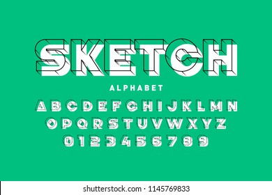 3d style sketchy font, alphabet letters and numbers vector illustration