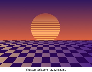 3D style sunset vector graphics checkerboard grid floor scene. Vaporwave digital cyber scene background.