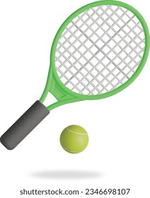 raqueta y bola de tenis de estilo 3D, ilustración de equipamiento deportivo, aislado vectorial.