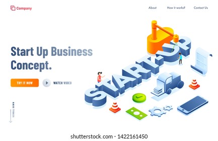 3D style text of "Start-Up" with business related document, smartphone on white background for Startup Business concept landing page design.