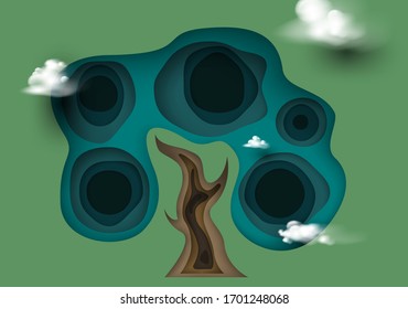 3D style tree with cloud paper art illustration