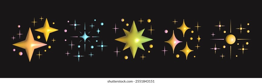 El estilo 3D centellea las estrellas. Brillantes destellos. Varias Formas. Iconos minimalistas. Elegante diseño geométrico. Colores degradados. Fiesta, concepto de celebración. Conjunto de Vector de moda. Todos los Elementos están aislados