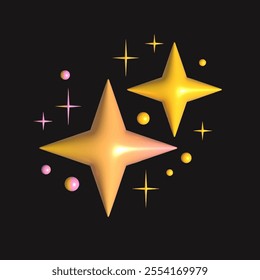 3D style twinkle Stars. Shiny Sparkles. Various shapes. Minimalistic Icon. Elegant geometric design. Gradient colors. Party, celebration concept. Trendy Vector illustration. Isolated design element