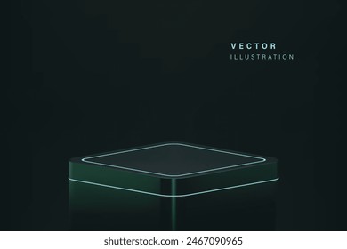 Podio cuadrado oscuro del Vector del estilo 3D con la luz de neón del agua o verde con el espacio de la copia para en el Sitio web de compras en línea o la publicidad de las redes sociales.