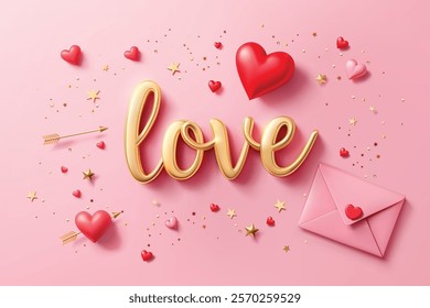 3D Style of vector A festive Valentine's Day image with 3D golden "love" text, red and pink hearts, golden stars, and an envelope.  Making it ideal for cards, greetings, or promotional.