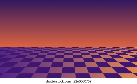 3D style vector graphics checkerboard grid floor scene. Vaporwave digital cyber scene background.