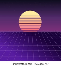 3D style vector graphics grid floor scene. Vaporwave digital cyber sunset scene.