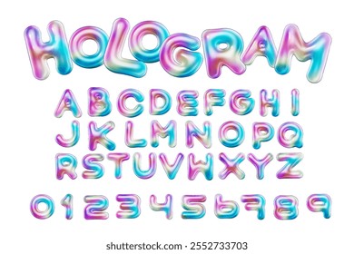 vetor de estilo 3d do alfabeto de holograma brilhante inflado e números no fundo branco