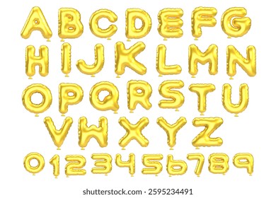 3d style vector of inflated glossy yellow gold metallic balloon alphabet and numbers on white background