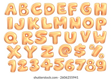 3d style vector of inflated glossy orange metallic alphabet and numbers on white background

