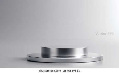 A 3D style Vector of a minimalist, Chrome or metallic silver podium. This circular platform with a stepped design is perfect for showcasing products or presentations.