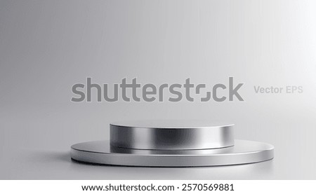 A 3D style Vector of a minimalist, Chrome or metallic silver podium. This circular platform with a stepped design is perfect for showcasing products or presentations.