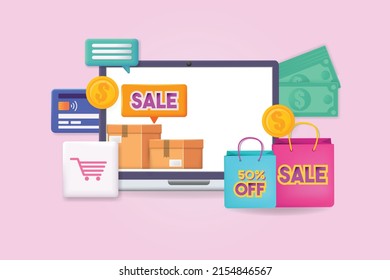 3D style vector webshop and shopping concept.