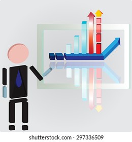 a 3-D styled info graphic of graphs and growing arrows in the transparent frame with a schematic toy - businessman in a suit presenting
