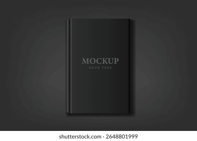 3d stylish black book mock up on dark black background. Blank black book cover front page template with copy space for your brand design.
