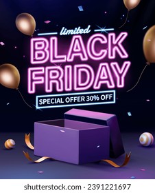 3D stylish Black Friday neon sign, balloons and confetti above a gift box.