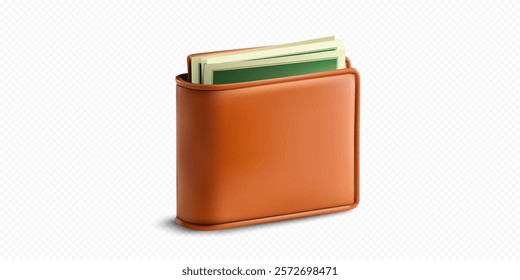 3d A stylish leather wallet is displayed upright, featuring neatly folded cash and multiple card slots. The wallet's warm tone contrasts with the simple background, emphasizing its design.