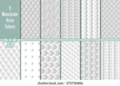 3d stylish vector patterns set. Eleven seamless patterns with paper effect for decor and textile. Monochrome backgrounds set. Texture of paper rounds, hearts and diamonds for decoration.
