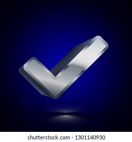 3D stylized Accept icon. Glossy silver vector icon. Isolated volumetric symbol illustration on dark background with shadow.