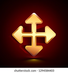 3D stylized All Directions icon. Glossy golden vector icon. Isolated volumetric symbol illustration on dark background with shadow.