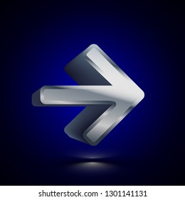 3D stylized Arrow Right icon. Glossy silver vector icon. Isolated volumetric symbol illustration on dark background with shadow.