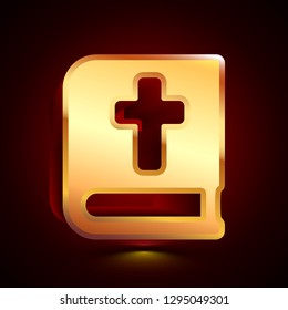 3D stylized Bible icon. Glossy golden vector icon. Isolated volumetric symbol illustration on dark background with shadow.