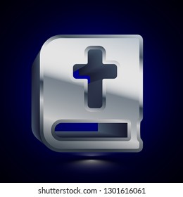 3D stylized Bible icon. Glossy silver vector icon. Isolated volumetric symbol illustration on dark background with shadow.