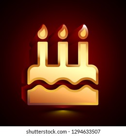 3D stylized Birthday Cake icon. Glossy golden vector icon. Isolated volumetric symbol illustration on dark background with shadow.