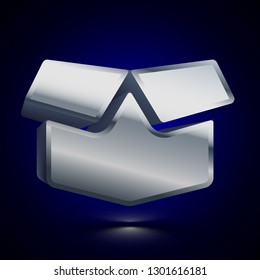 3D stylized Box icon. Glossy silver vector icon. Isolated volumetric symbol illustration on dark background with shadow.