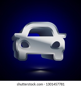 3D stylized Car icon. Glossy silver vector icon. Isolated volumetric symbol illustration on dark background with shadow.