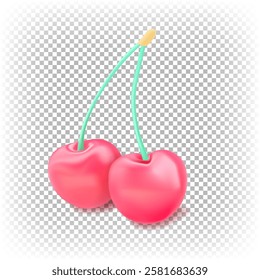 3D stylized cartoon cherry. Ripe berries 2 pieces. Vector illustration on transparent background