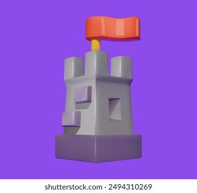 3D stylized castle tower in gray with red flag on top. Isolated icon on purple background. Digital illustration. Fortress and defense concept.