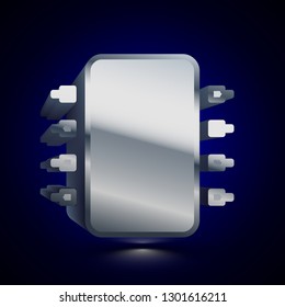 3D stylized Chip icon. Glossy silver vector icon. Isolated volumetric symbol illustration on dark background with shadow.