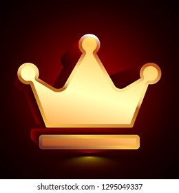 3D stylized Crown icon. Glossy golden vector icon. Isolated volumetric symbol illustration on dark background with shadow.