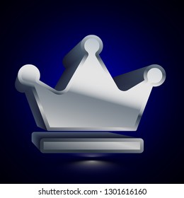 3D stylized Crown icon. Glossy silver vector icon. Isolated volumetric symbol illustration on dark background with shadow.
