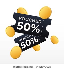 3d Stylized Dark Grey Voucher 50 percent with Gold Coins vector illustration
