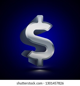 3D stylized Dollar icon. Glossy silver vector icon. Isolated volumetric symbol illustration on dark background with shadow.