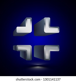 3D stylized Exit Full Screen icon. Glossy silver vector icon. Isolated volumetric symbol illustration on dark background with shadow.