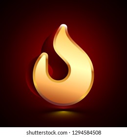 3D stylized Fire icon. Glossy golden vector icon. Isolated volumetric symbol illustration on dark background with shadow.