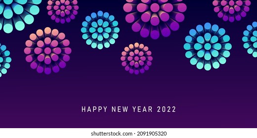 3d stylized firework with New 2022 year greeting, bright shapes on dark night background