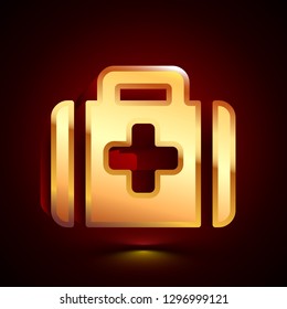 3D stylized First Aid Kit icon. Glossy golden vector icon. Isolated volumetric symbol illustration on dark background with shadow.