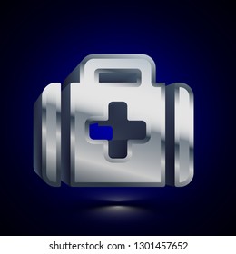 3D stylized First Aid Kit icon. Glossy silver vector icon. Isolated volumetric symbol illustration on dark background with shadow.