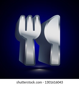 3D stylized Fork and Knife icon. Glossy silver vector icon. Isolated volumetric symbol illustration on dark background with shadow.