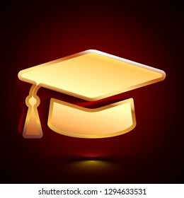 3D stylized Graduation Hat icon. Glossy golden vector icon. Isolated volumetric symbol illustration on dark background with shadow.
