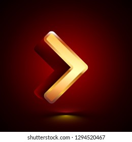 3D stylized Greater Than icon. Glossy golden vector icon. Isolated volumetric symbol illustration on dark background with shadow.