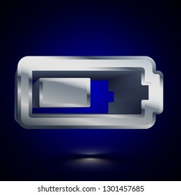3D stylized Half Battery icon. Glossy silver vector icon. Isolated volumetric symbol illustration on dark background with shadow.